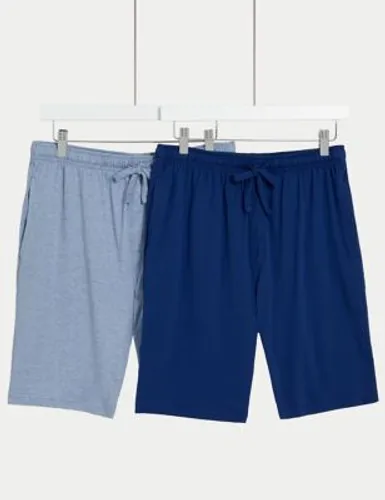 M&S Mens 2pk Cotton Rich Jersey Pyjama Shorts - L - Blue Mix, Blue Mix