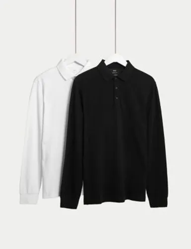 M&S Mens 2pk Pure Cotton Long Sleeve Polo Shirts - LREG - White Mix, White Mix,Black Mix,Pale Blue Mix