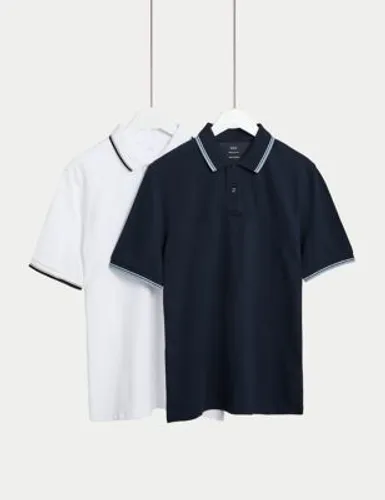 M&S Mens 2pk Pure Cotton Tipped Polo Shirts - SREG - White Mix, White Mix