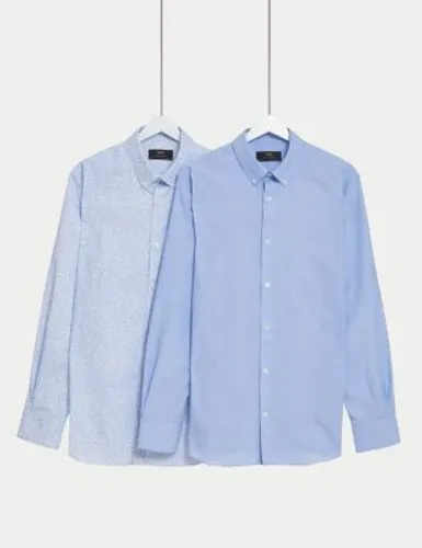 M&S Mens 2pk Regular Fit Easy Iron Floral Long Sleeve Shirts - 15 - Blue Mix, Blue Mix