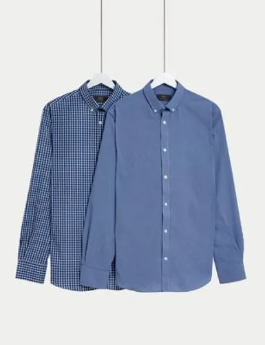 M&S Mens 2pk Regular Fit Easy Iron Long Sleeve Gingham Shirts - 14.5 - Blue Mix, Blue Mix