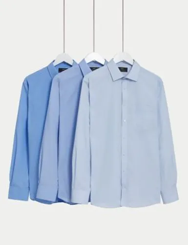 M&S Mens 3pk Regular Fit Easy Iron Long Sleeve Shirts - 15L - Blue Mix, Blue Mix