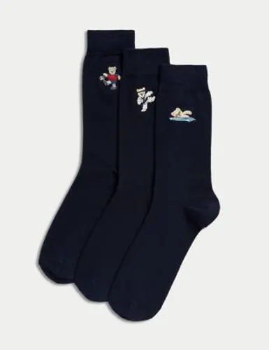M&S Mens 3pk Spencer Bear™ Cotton Rich Socks Gift Box - 6-8.5 - Navy Mix, Navy Mix
