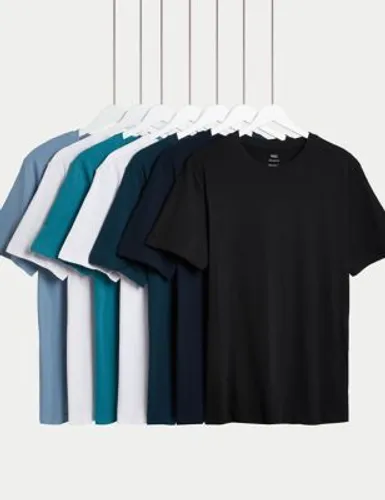 M&S Mens 7pk Pure Cotton Crew Neck T-Shirts - SREG - Turquoise Mix, Turquoise Mix