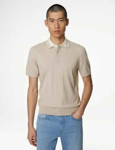 M&S Mens Cotton Rich Ribbed Knitted Polo Shirt - XLREG - Neutral, Neutral,Dark Navy,Slate Blue