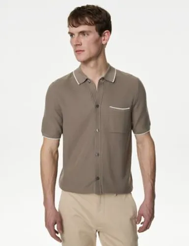 M&S Mens Cotton Rich Short Sleeve Knitted Polo Shirt - SREG - Neutral, Neutral,Ivory