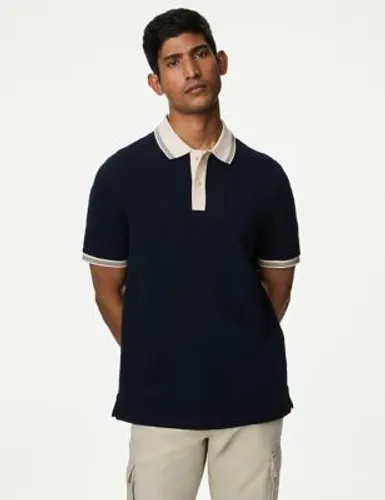 M&S Mens Cotton Rich Textured Polo Shirt - XXXXLREG - Dark Navy, Dark Navy,Dusty Green