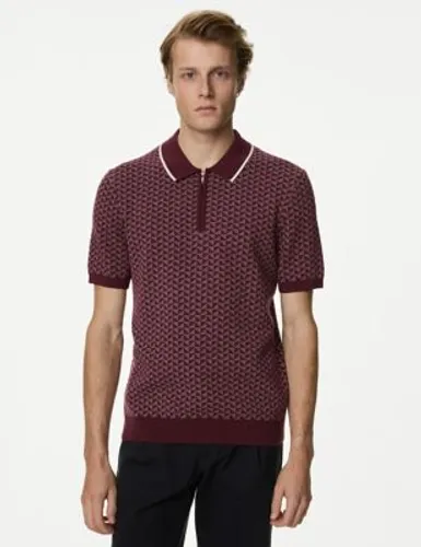 M&S Mens Cotton Rich Zip Up Knitted Polo Shirt - SREG - Wine Mix, Wine Mix,Blue Mix
