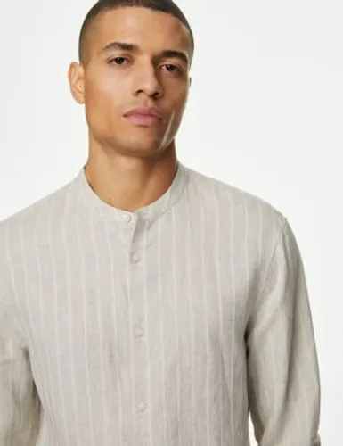 M&S Mens Linen Rich Striped Grandad Collar Shirt - MREG - Neutral Brown, Neutral Brown,White Mix