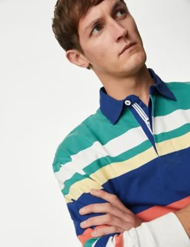 M&S Mens Pure Cotton Colour Block Striped Rugby Shirt - XLREG - Green Mix, Green Mix