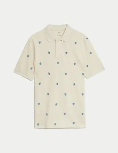 M&S Mens Pure Cotton Embroidered Leaf Polo Shirt - XXLREG - Ecru, Ecru