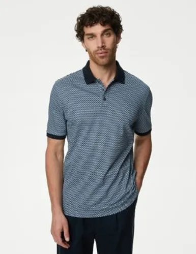 M&S Mens Pure Cotton Geometric Print Polo Shirt - MREG - Dark Navy, Dark Navy,Grey Mix