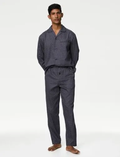 M&S Mens Pure Cotton Geometric Print Pyjama Set - L - Navy Mix, Navy Mix