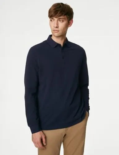 M&S Mens Pure Cotton Long Sleeve Polo Shirt - XXXLREG - Dark Navy, Dark Navy,Black,Pale Blue,White,Light Brown,Soft Green