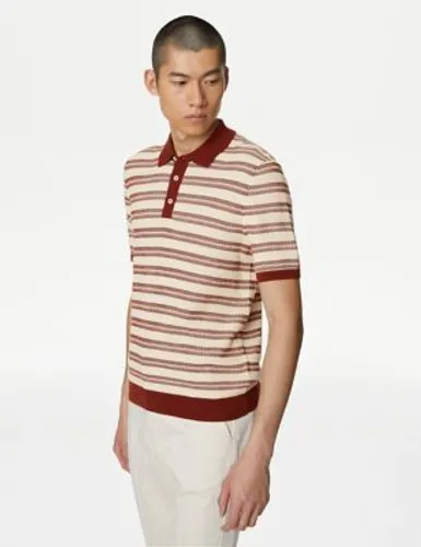 M&S Mens Pure Cotton Textured Striped Knitted Polo Shirt - XXXLLNG - Rust Mix, Rust Mix,Black Mix
