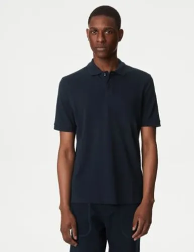M&S Mens Slim Fit Pure Cotton Pique Polo Shirt - SREG - Dark Navy, Dark Navy,Black,Pale Blue,White