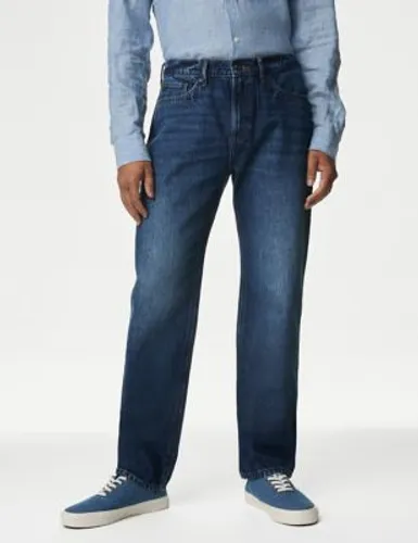 M&S Mens Straight Fit Pure Cotton Marbled Vintage Wash Jeans - 3433 - Medium Blue, Medium Blue,Light Blue