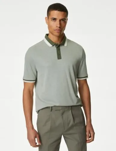 M&S Mens Tipped Polo Shirt - SREG - Moss Green, Moss Green,Rich Blue,Medium Coral,Natural