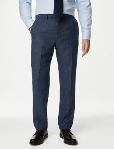 M&S Sartorial Mens British Wool Linen Blend Check Suit Trousers - 32LNG - Indigo, Indigo