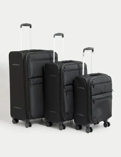 M&S Set of 3 Montreal 4 Wheel Soft Suitcases - Black, Black