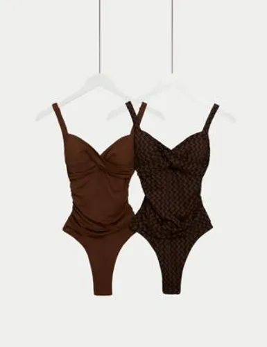 M&S Womens 2pk Tummy Control Plunge Swimsuits - 14LNG - Brown Mix, Brown Mix