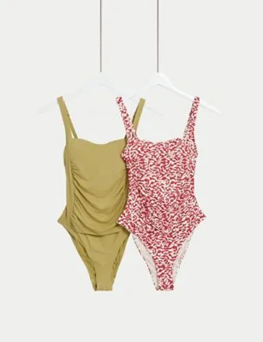M&S Womens 2pk Tummy Control Square Neck Swimsuits - 10LNG - Dark Red Mix, Dark Red Mix,Navy Mix