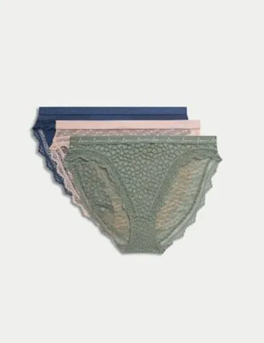 M&S Womens 3pk Mesh & Lace High Leg Knickers - 24 - Dusty Green, Dusty Green,Geranium