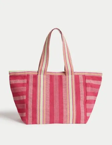 M&S Womens Canvas Striped Beach Bag - Pink Mix, Pink Mix,Black Mix