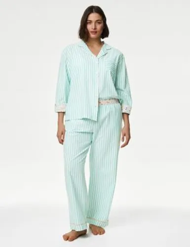 M&S Womens Cool Comfort™ Pure Cotton Striped Pyjama Bottoms - 8LNG - Sea Green, Sea Green