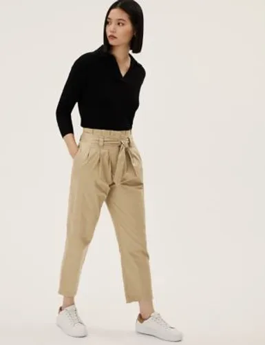 M&S Womens Cotton Rich Balloon Tapered Trousers - 8LNG - Latte, Latte