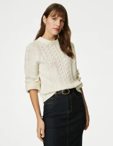 M&S Womens Cotton Rich Cable Knit Crew Neck Jumper - XL - Light Natural, Light Natural,Sunshine