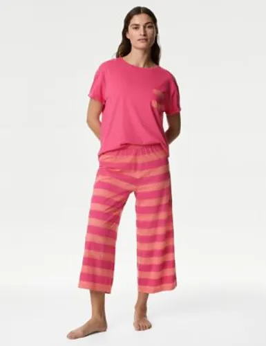 M&S Womens Cotton Rich Crop Leg Pyjama Set - Watermelon, Watermelon,Dark Blue,Yellow Mix,Grey Mix,Cornflower,Charcoal Mix,Ivory Mix,Dusted Mint