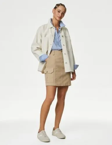 M&S Womens Cotton Rich Mini Utility Skirt - 12REG - Hessian, Hessian,Soft Green