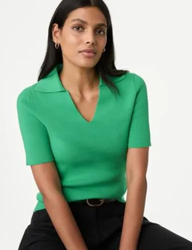 M&S Womens Cotton Rich Ribbed Collared Knitted Top - S - Medium Green, Medium Green,Navy,Soft White