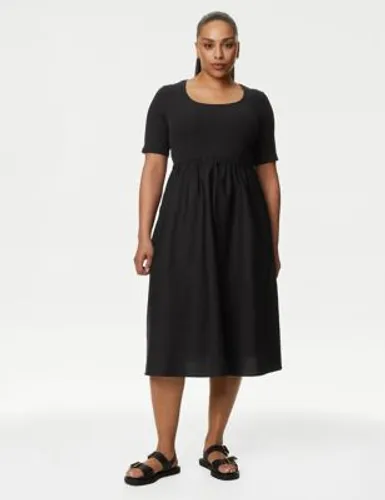 M&S Womens Cotton Rich Ribbed Midi Waisted Dress - 14REG - Black, Black