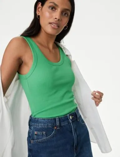 M&S Womens Cotton Rich Ribbed Slim Fit Vest Top - 6 - Medium Green, Medium Green,Light Cranberry,Dark Navy,Soft White,Black,Chocolate,Hunter Green,Iri...
