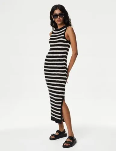M&S Womens Cotton Rich Striped Midi Knitted Dress - XS - Black Mix, Black Mix,Mocha Mix