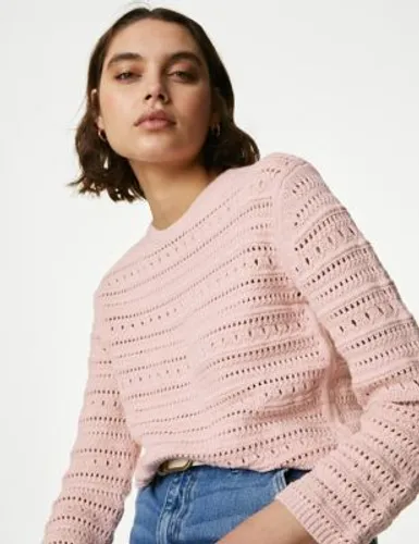 M&S Womens Cotton Rich Textured Crew Neck Jumper - S - Pink Shell, Pink Shell,Onyx