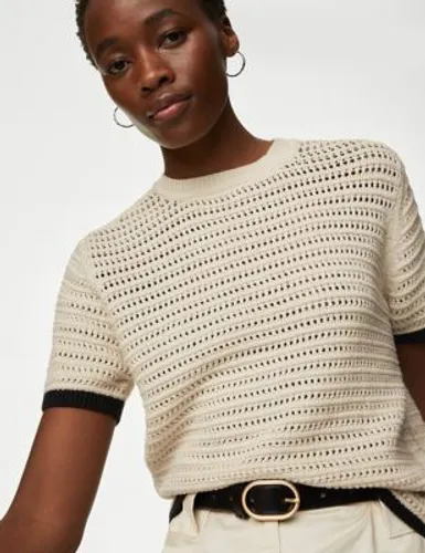 M&S Womens Cotton Rich Textured Tipped Knitted Top - M - Ecru Mix, Ecru Mix,Black Mix