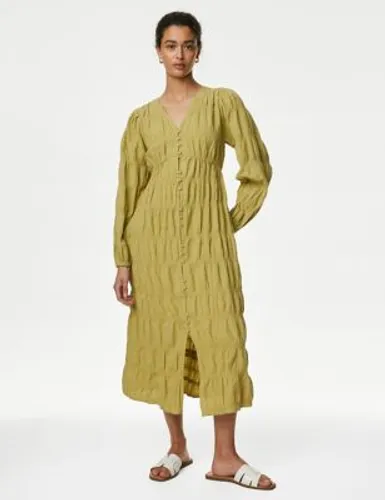 M&S Womens Cotton Rich Textured V-Neck Midi Tea Dress - 8LNG - Onyx, Onyx