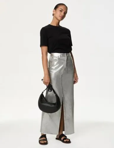 M&S Womens Denim Foil Metallic Maxi Skirt - 16REG - Silver, Silver