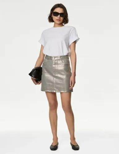 M&S Womens Denim Foil Metallic Mini Skirt - 8 - Bronze, Bronze,Indigo