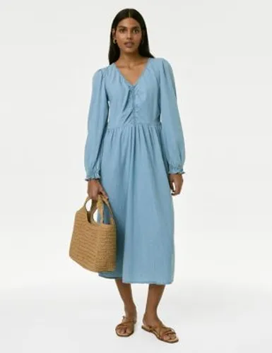 M&S Womens Denim V-Neck Puff Sleeve Midi Column Dress - 12REG, Denim