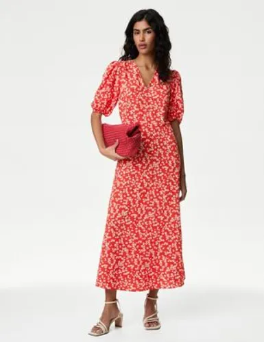 M&S Womens Ditsy Floral V-Neck Midaxi Tea Dress - 20PET - Red Mix, Red Mix
