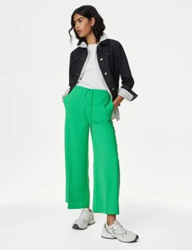 M&S Womens Elasticated Waist Wide Leg Cropped Trousers - 10LNG - Medium Green, Medium Green