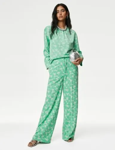 M&S Womens Floral Drawstring Wide Leg Trousers - 10SHT - Green Mix, Green Mix