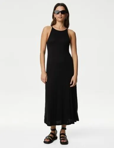 M&S Womens Jersey Halter Neck Midaxi Beach Dress - 18 - Black, Black,Flame