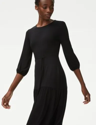 M&S Womens Jersey Round Neck Midi Tiered Tea Dress - 8REG - Black, Black
