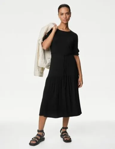 M&S Womens Jersey Tie Detail Midi Tea Dress - 18PET - Black, Black