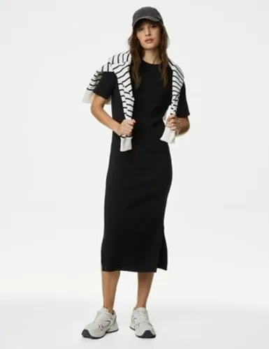 M&S Womens Knitted Crew Neck Split Hem Midi Dress - Black, Black